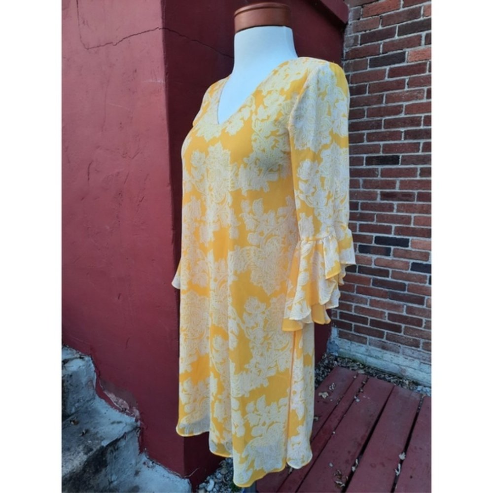 Calvin Klein Ruffle Sleeve Chiffon Yellow Print Dress 2 Spring Summer - Picture 8 of 10